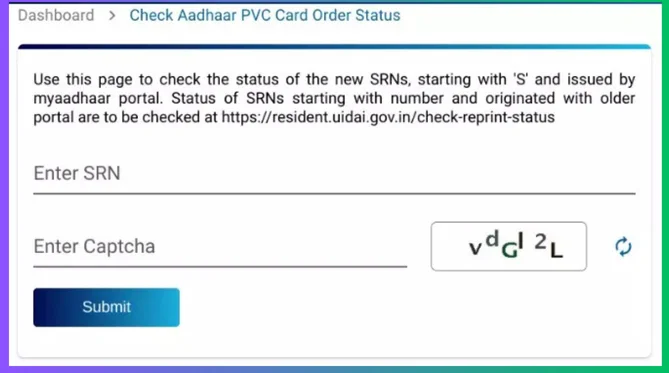 Aadhaar PVC Order status check