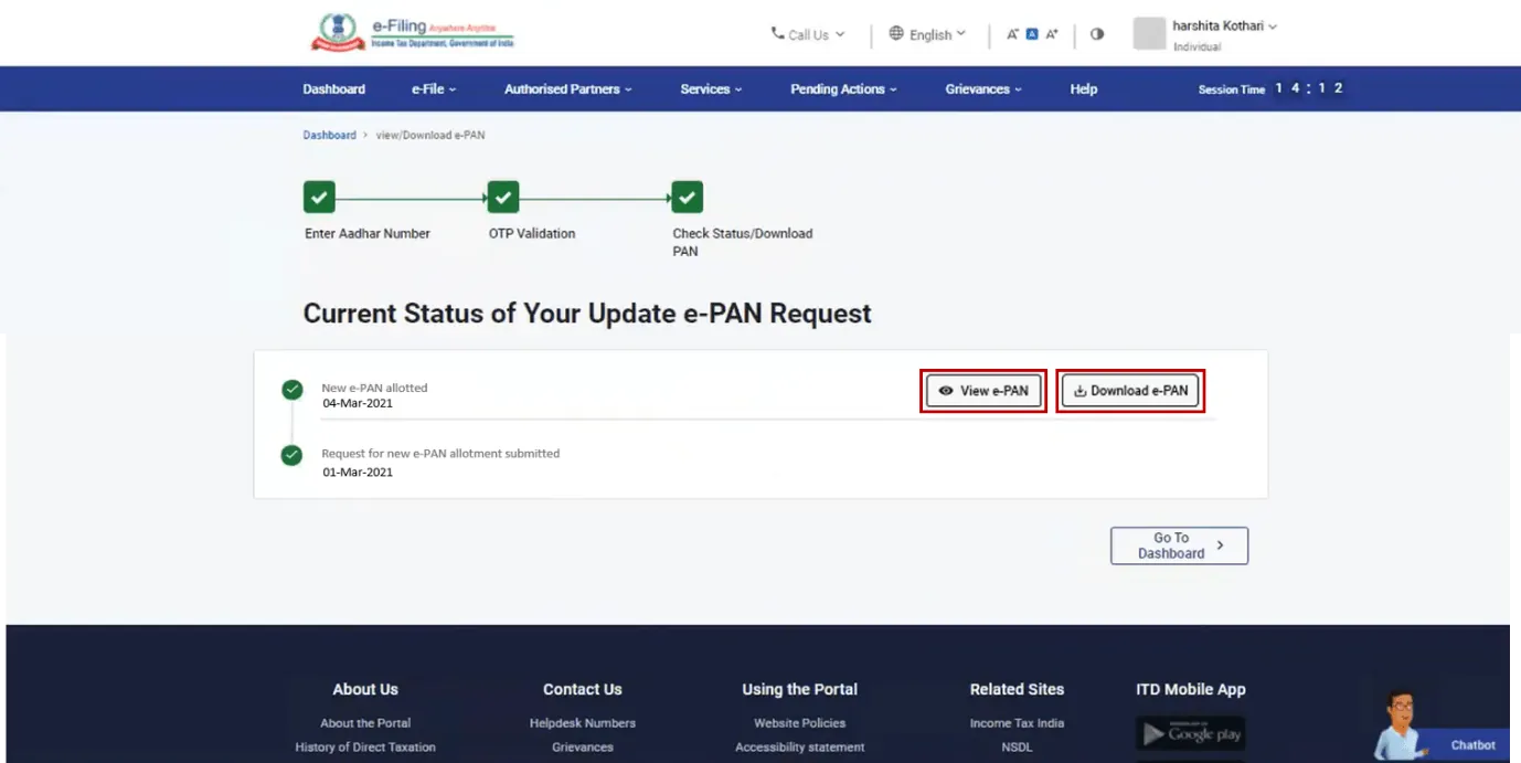Instant e PAN Status check and Download