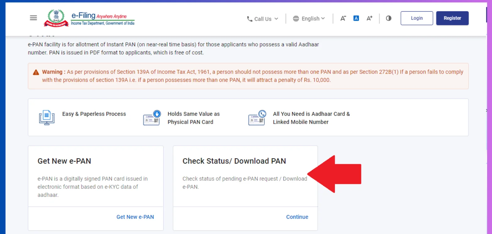 PAN Card Download Income Tax e-Filing Portal
