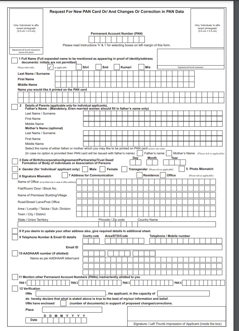 PAN card update Form PDF
